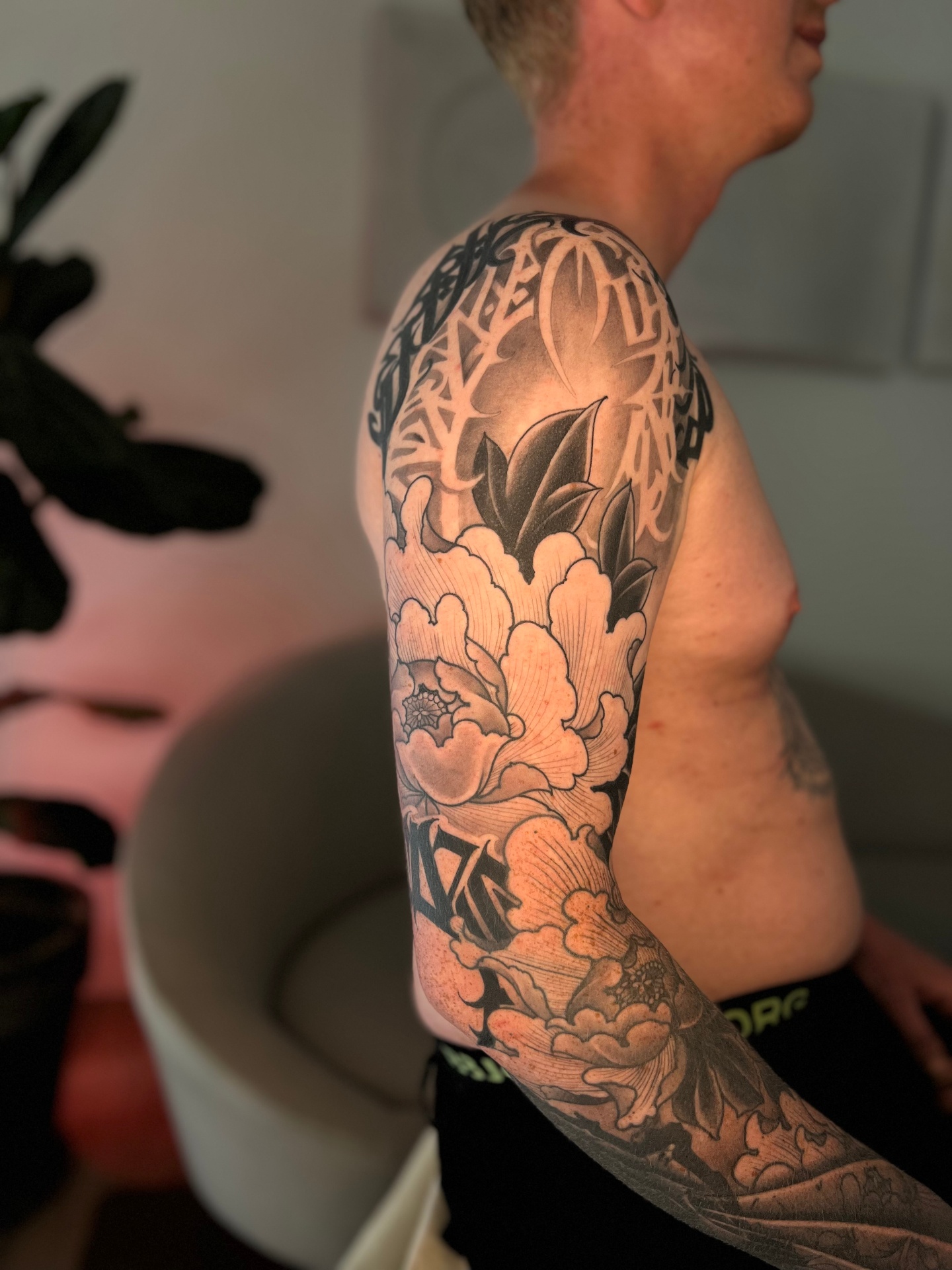 Japanese peony sleeve with lettering